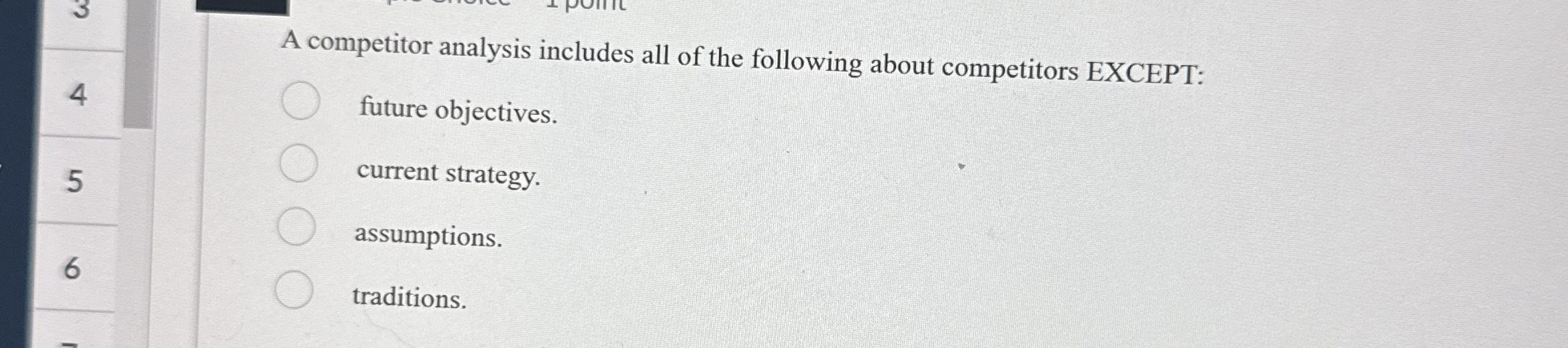 A competitor analysis includes all of the