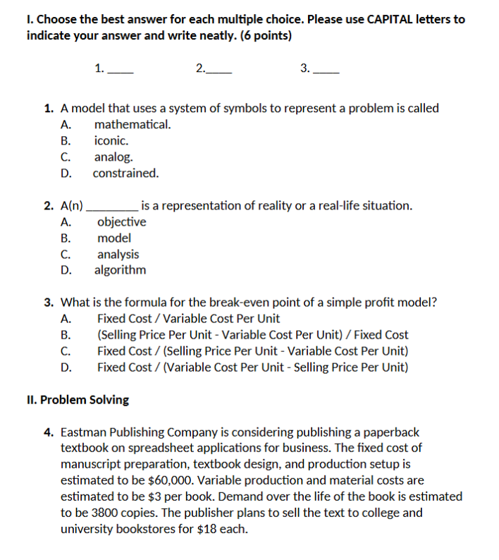 I. Choose the best answer for each multiple