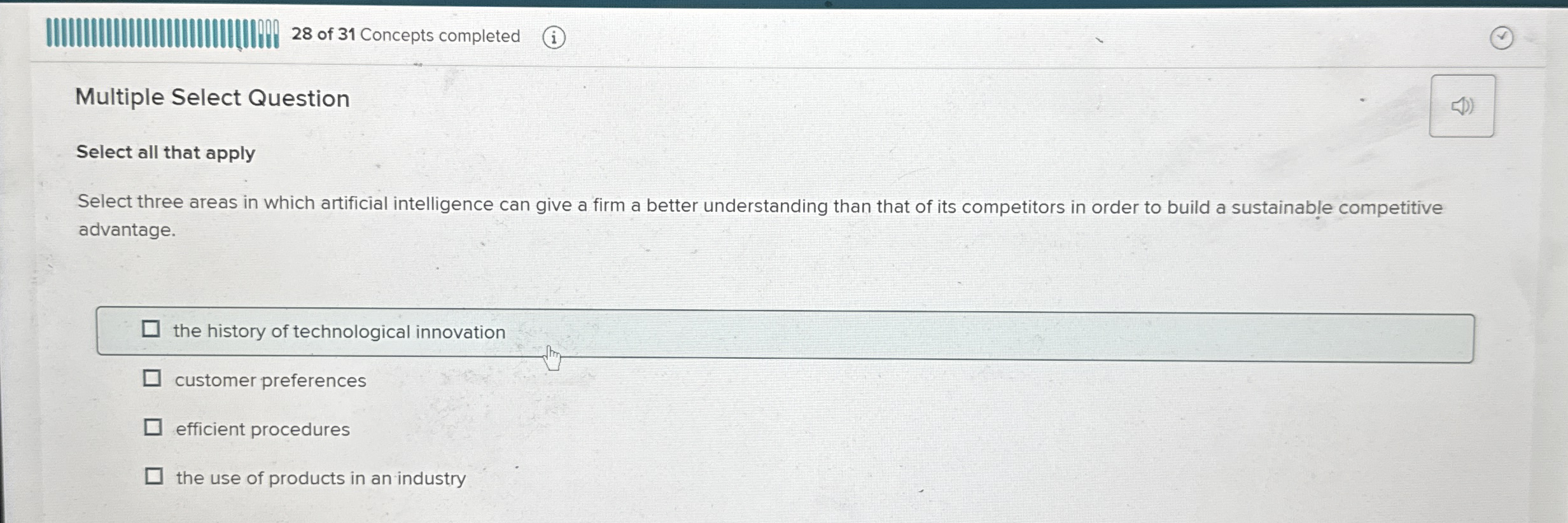 2 8 of 3 1 Concepts completed Multiple Select