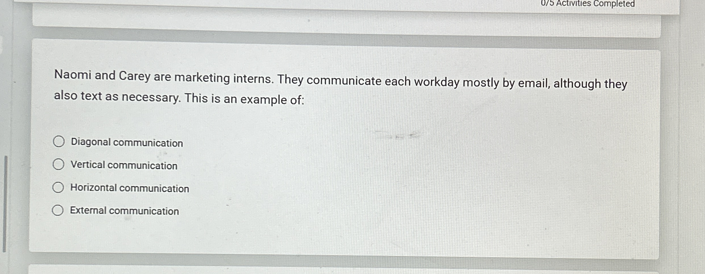 0 / 5 Activities Completed Naomi and Carey are