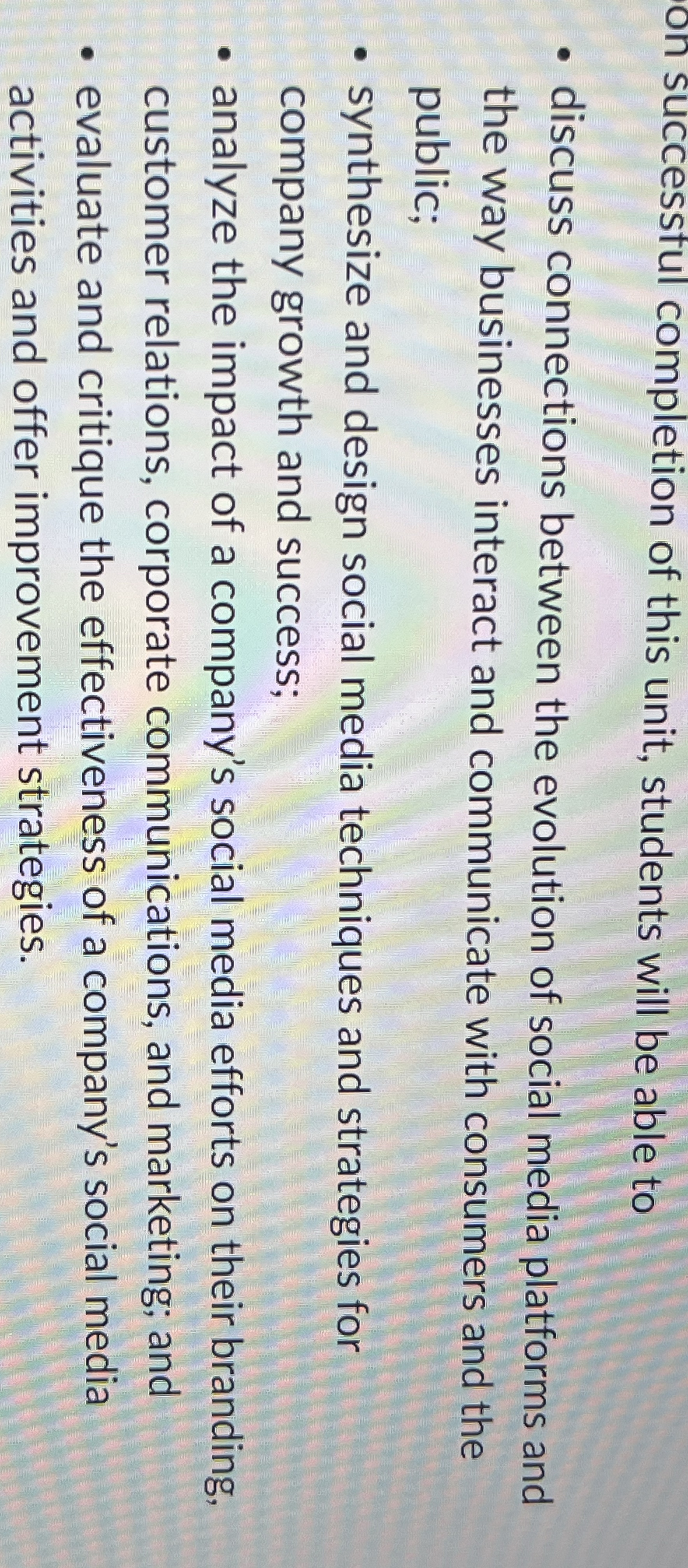 on successful completion of this unit, students