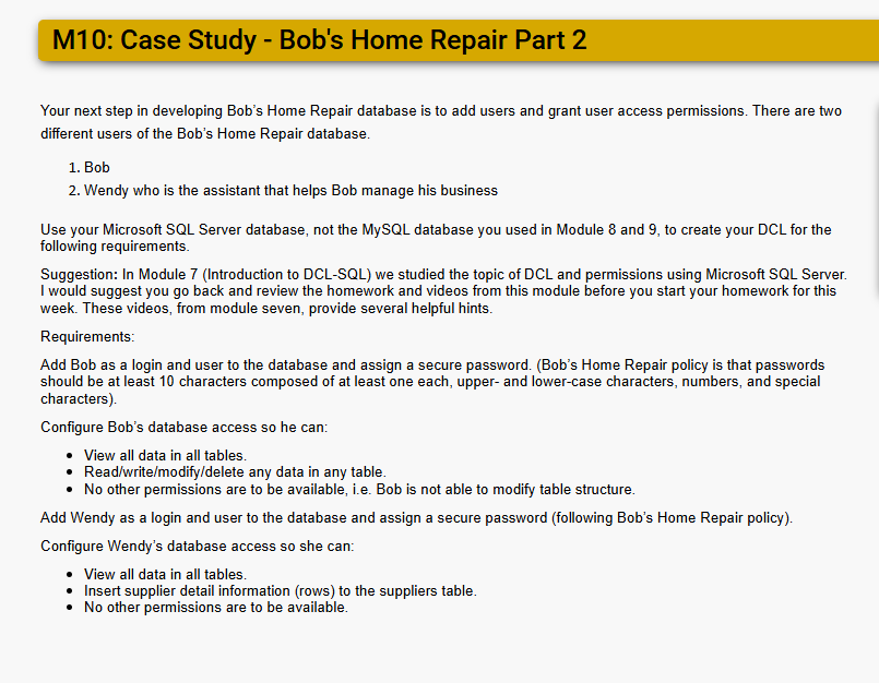 M 1 0 : Case Study - Bob's Home Repair Part 2