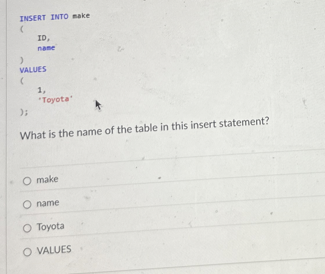 INSERT INTO make ( ID , name VALUES ( 1 , Toyota'