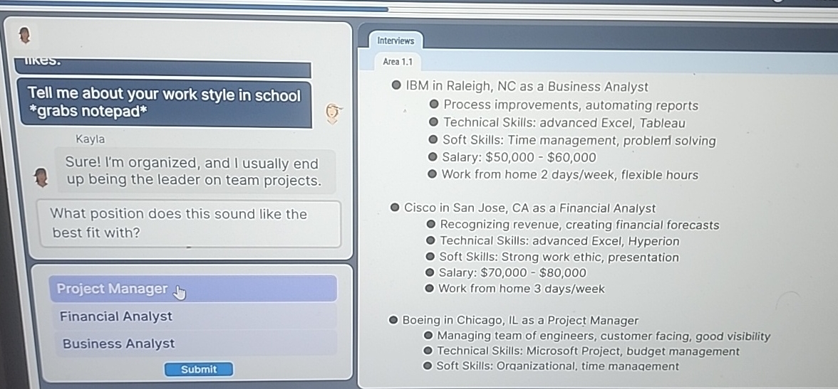 1 Interviews Area 1 . 1 Tell me about your work