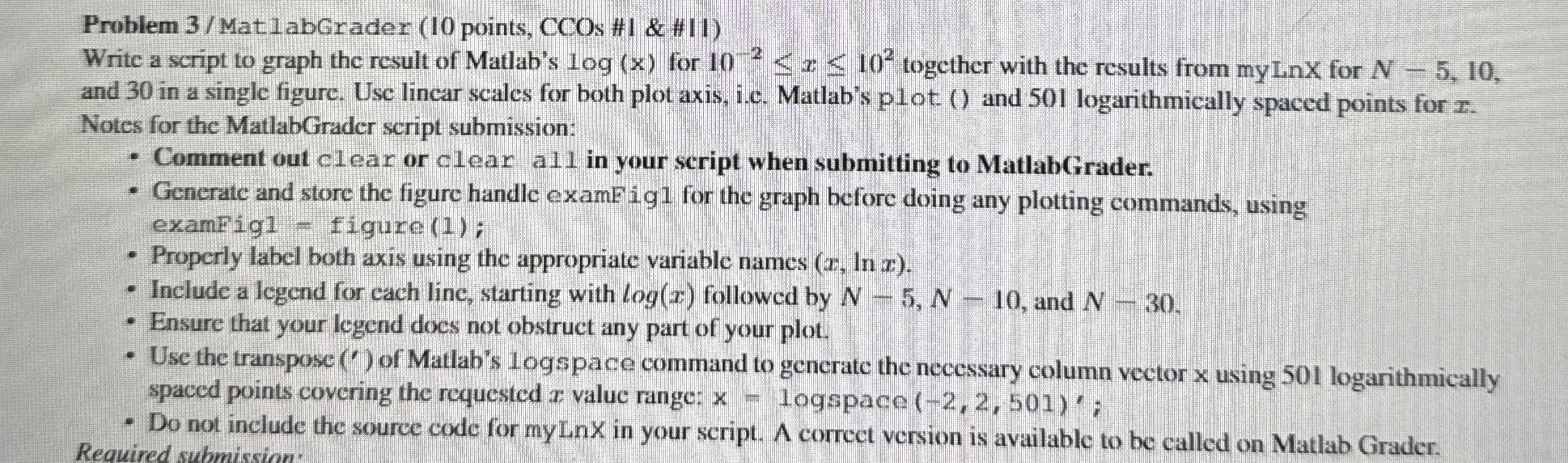 Problem 3 / MatlabGrader ( 1 0 points, CCOs # 1 &