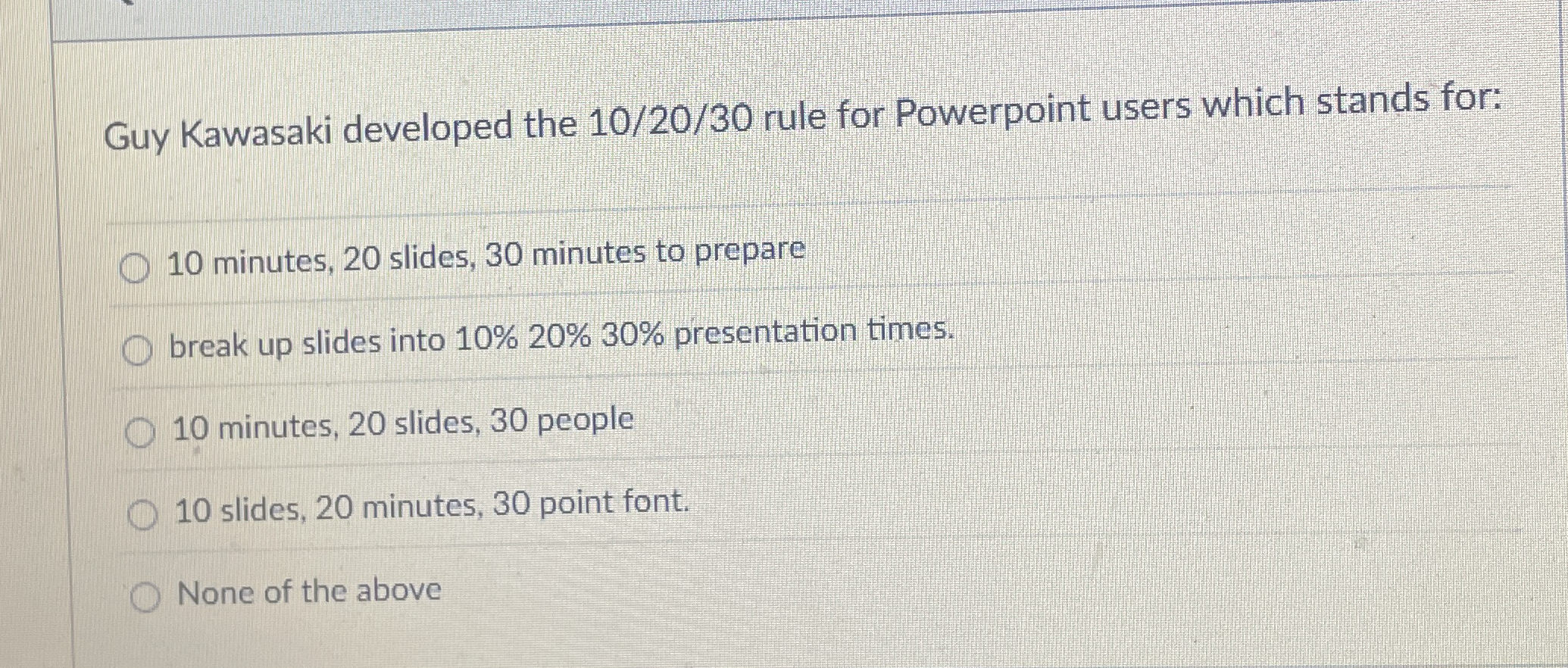 Guy Kawasaki developed the 1 0 / 2 0 / 3 0 rule
