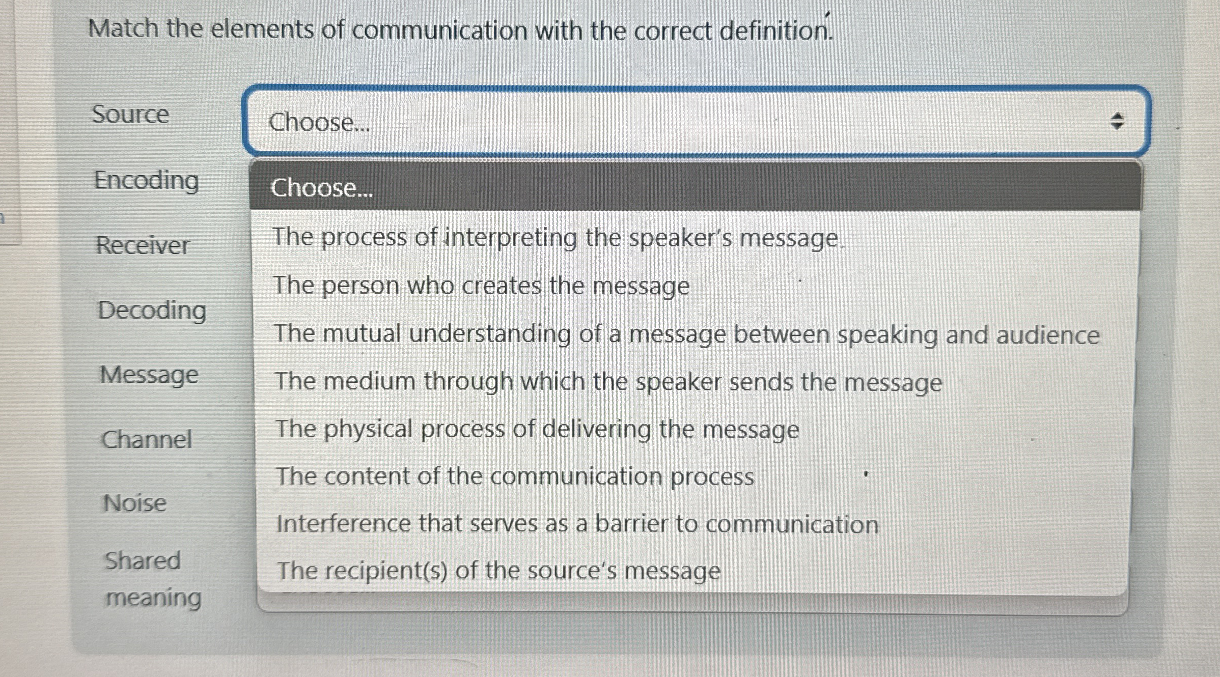 Match the elements of communication with the