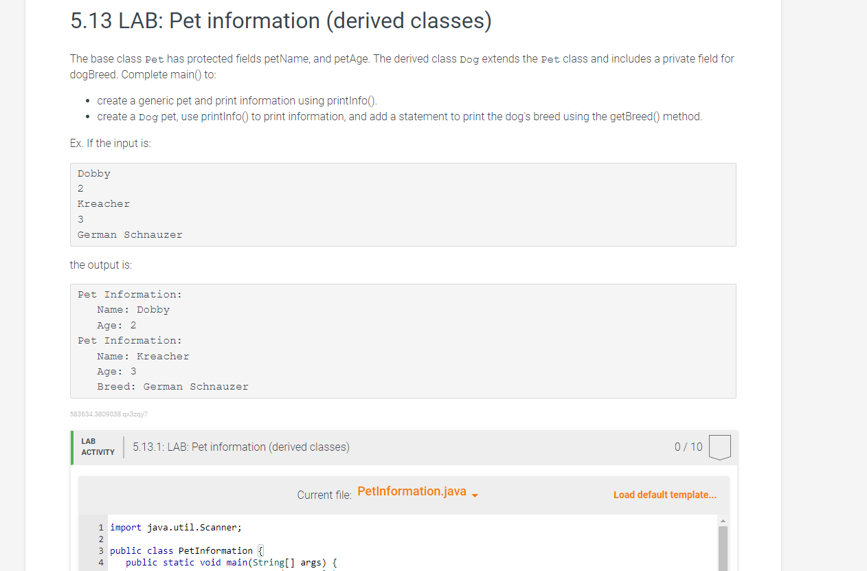 5 . 1 3 LAB: Pet information ( derived classes )
