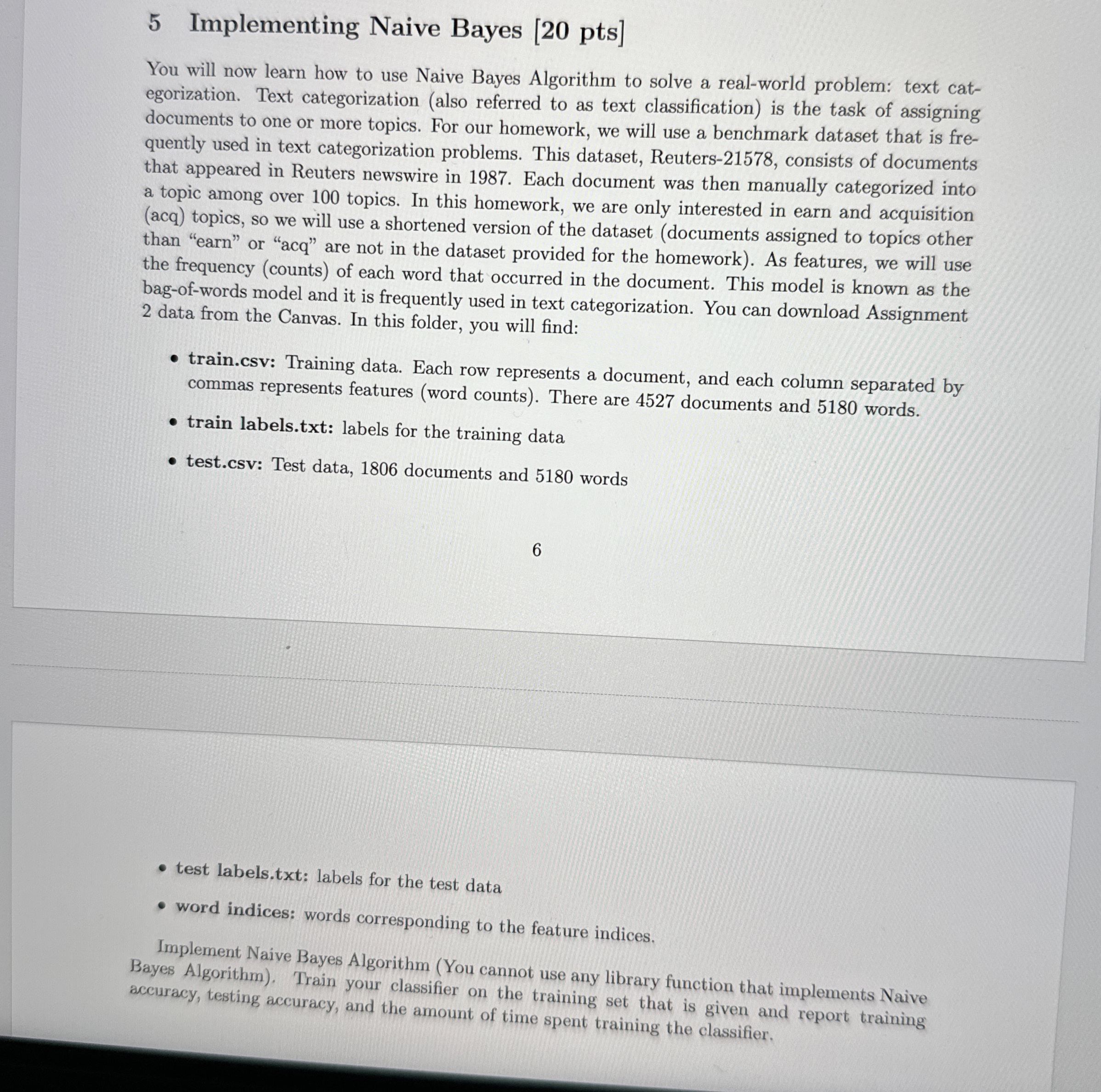 How to solve 5 Implementing Naive Bayes [ 2 0 pts
