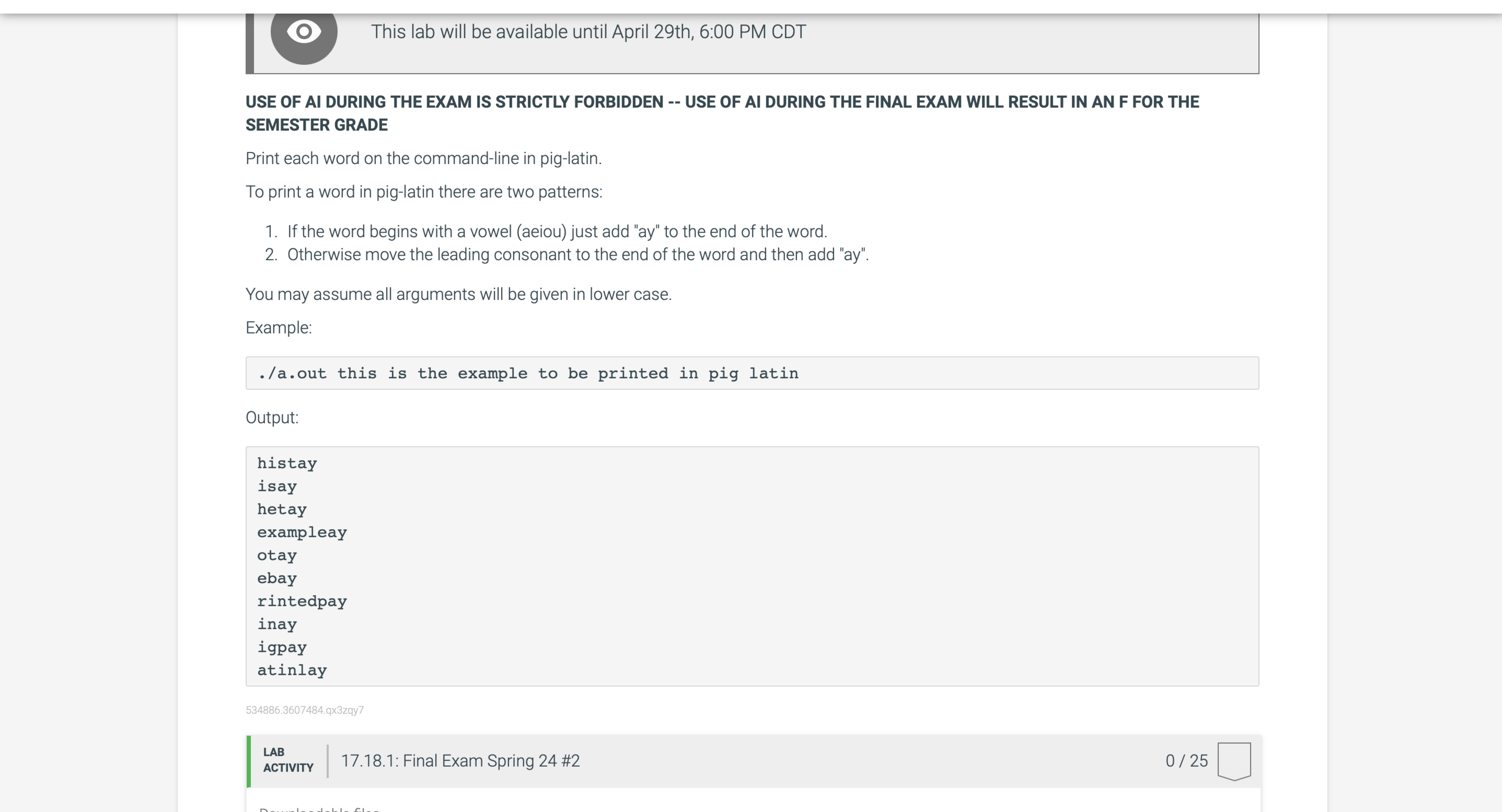 This lab will be available until April 2 9 th , 6