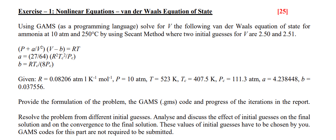 Exercise - 1 : Nonlinear Equations - van der