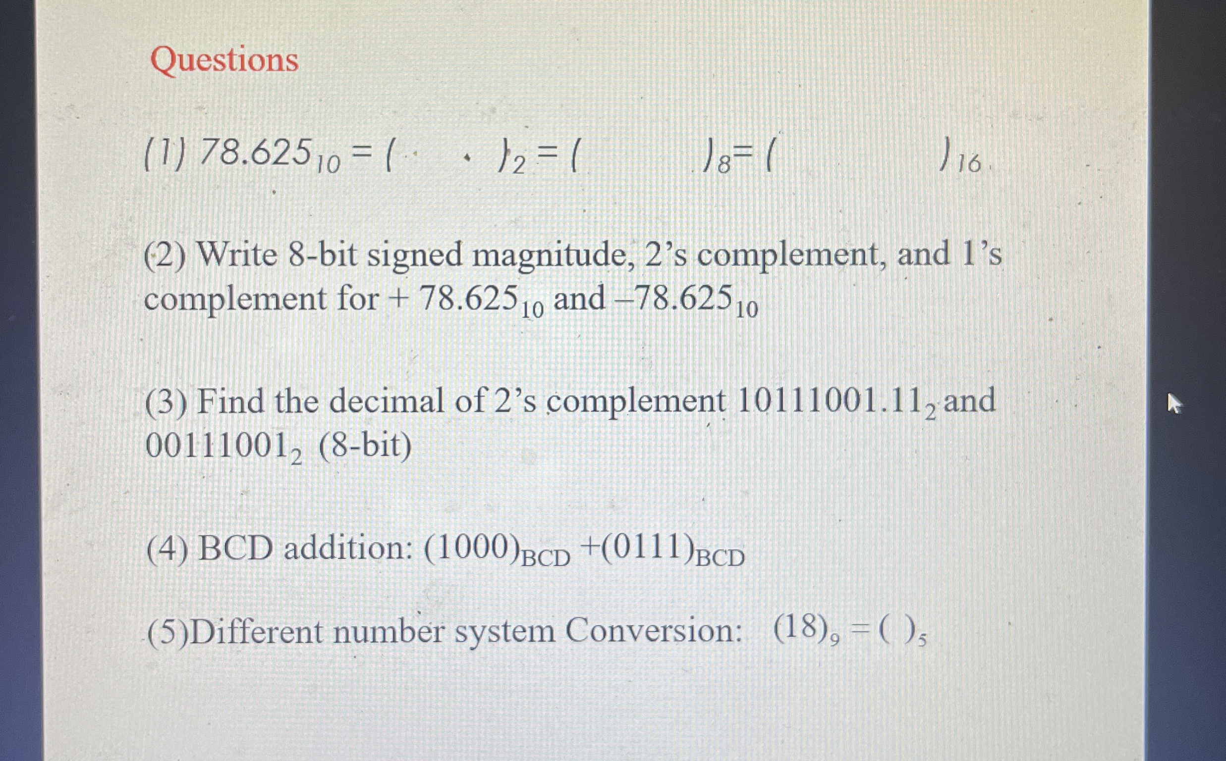 Questions ( 1 ) 7 8 . 6 2 5 1 0 = 1 * 1 2 = 1 , (