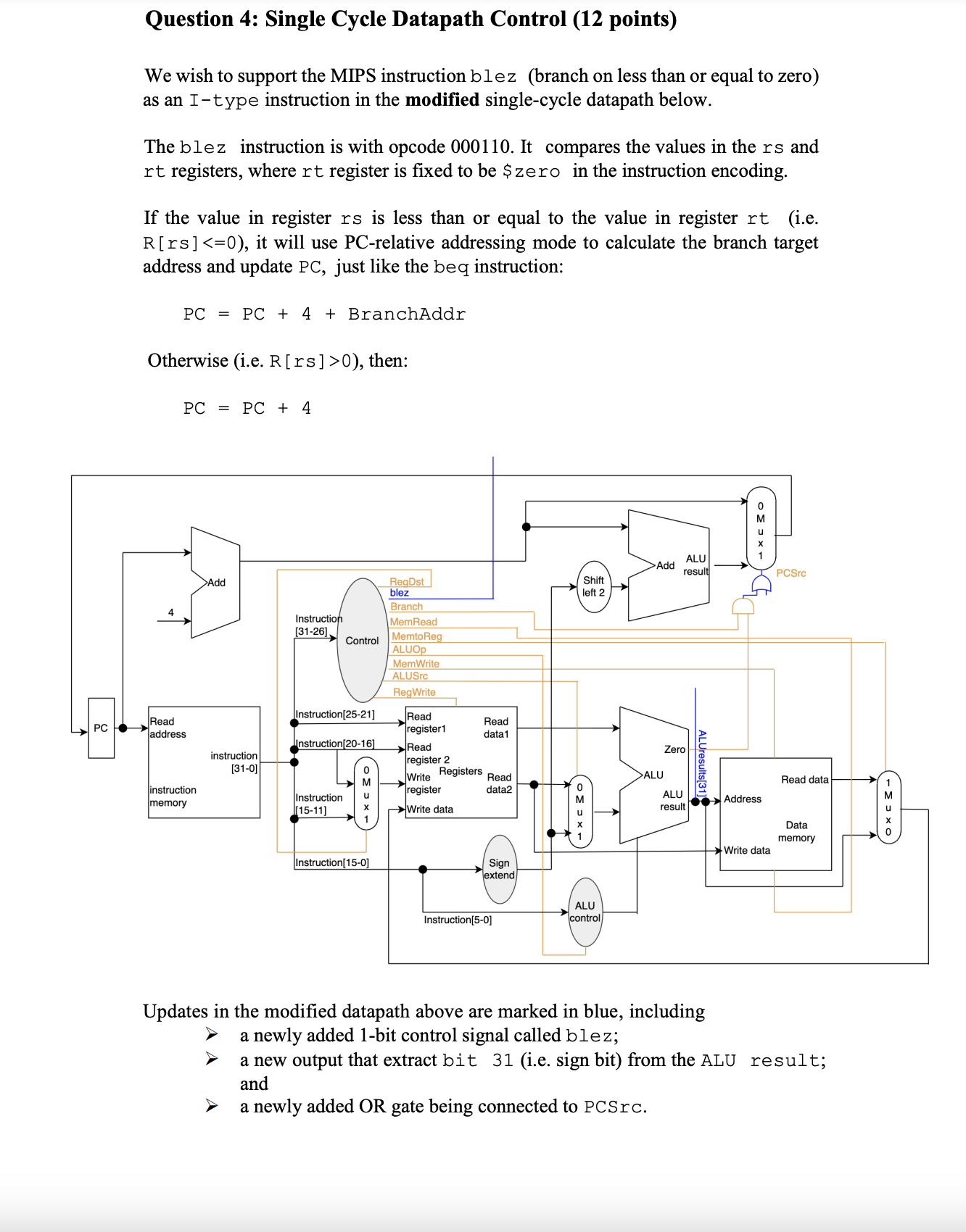 Question 4 : Single Cycle Datapath Control ( 1 2