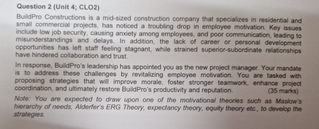 Question 2 ( Unit 4 ; CLO 2 ) BuildPro