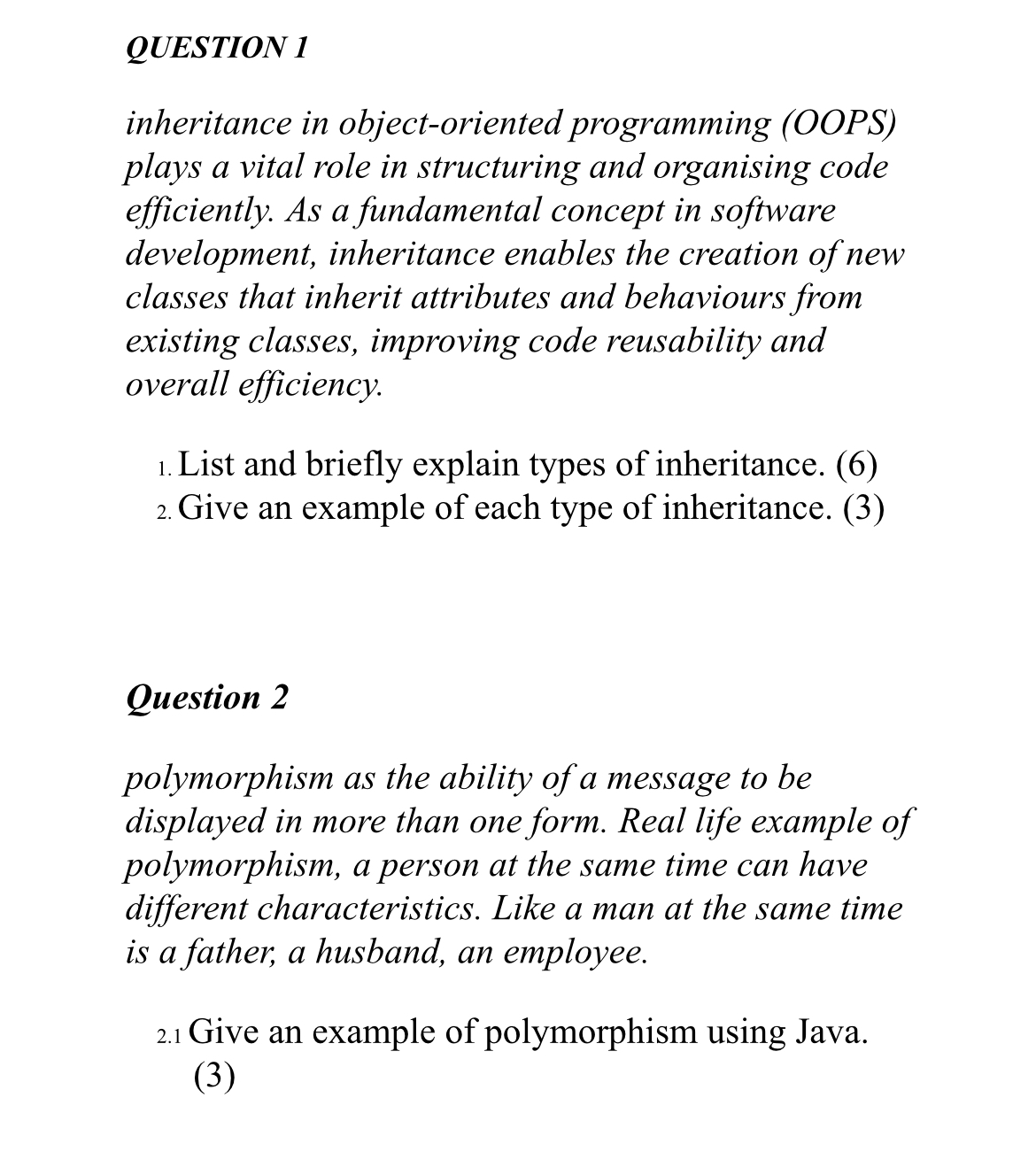QUESTION 1 inheritance in object - oriented