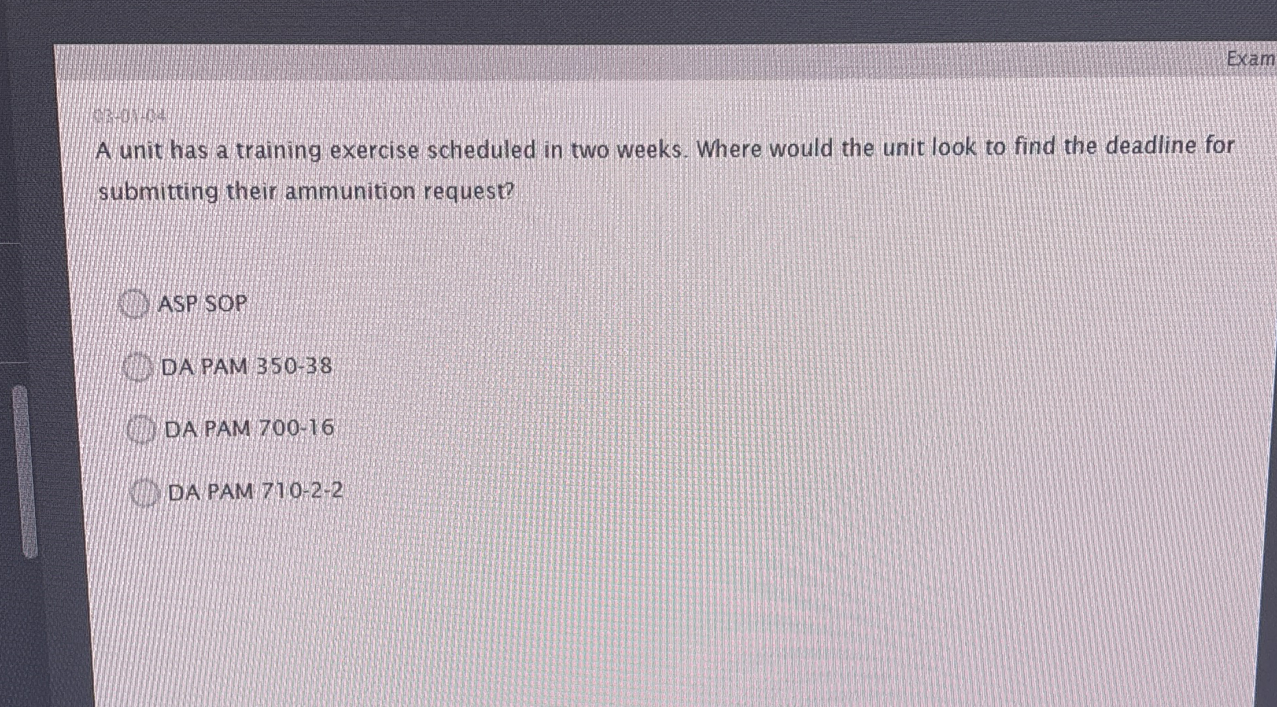 Exam 2 0 4 + 4 A unit has a training exercise