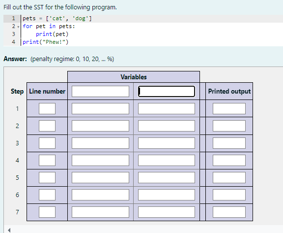 Fill out the SST for the following program. 1 } |
