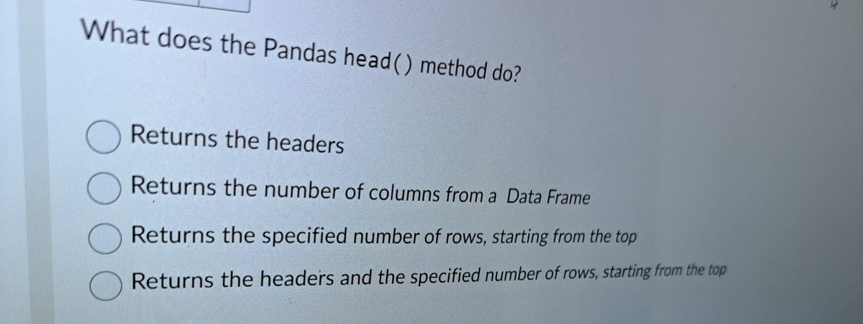 What does the Pandas head ( ) method do ? Returns