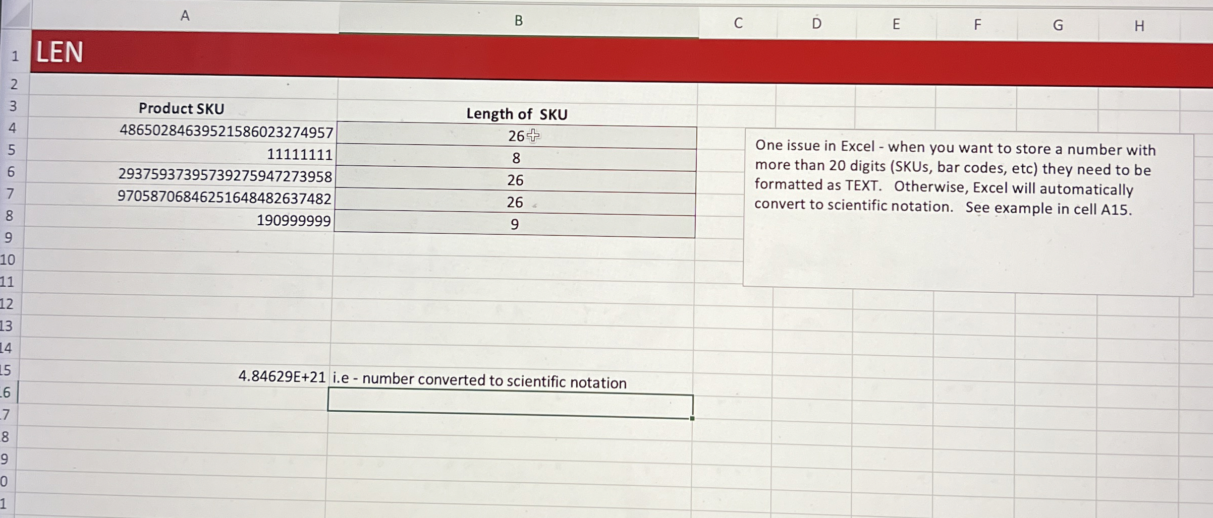 CONCATENATE LEN One issue in Excel - when you