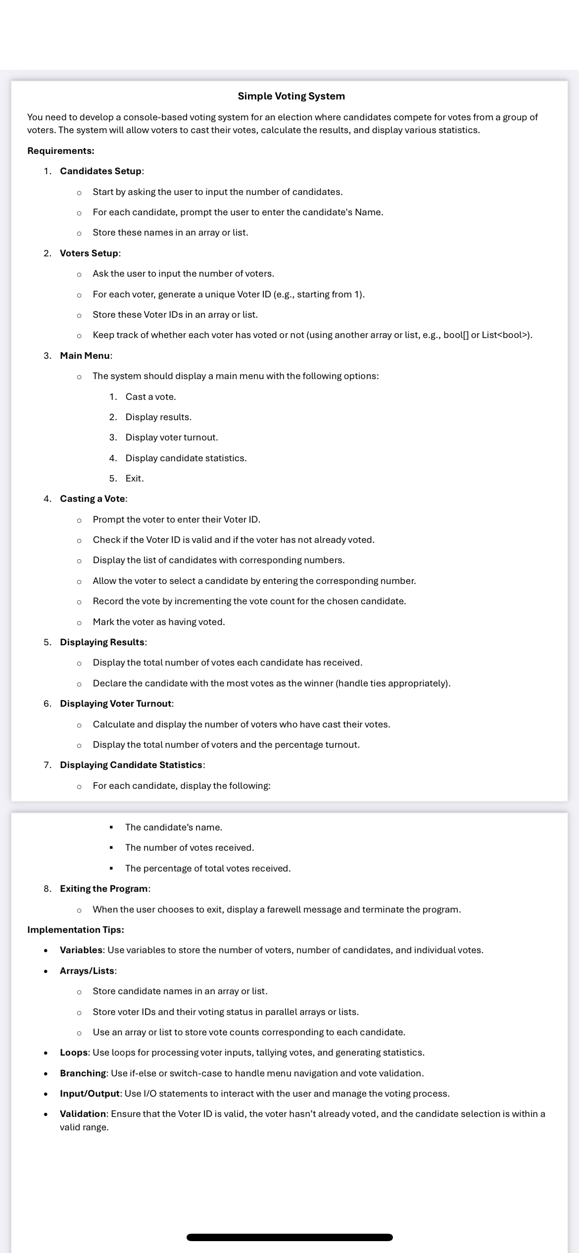 Simple Voting System You need to develop a