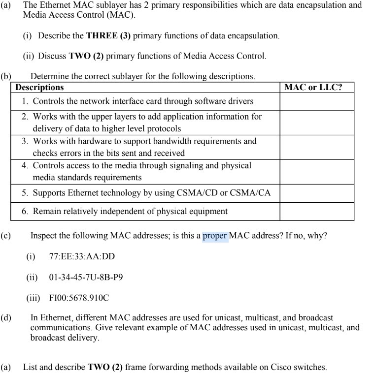 ( a ) The Ethernet MAC sublayer has 2 primary