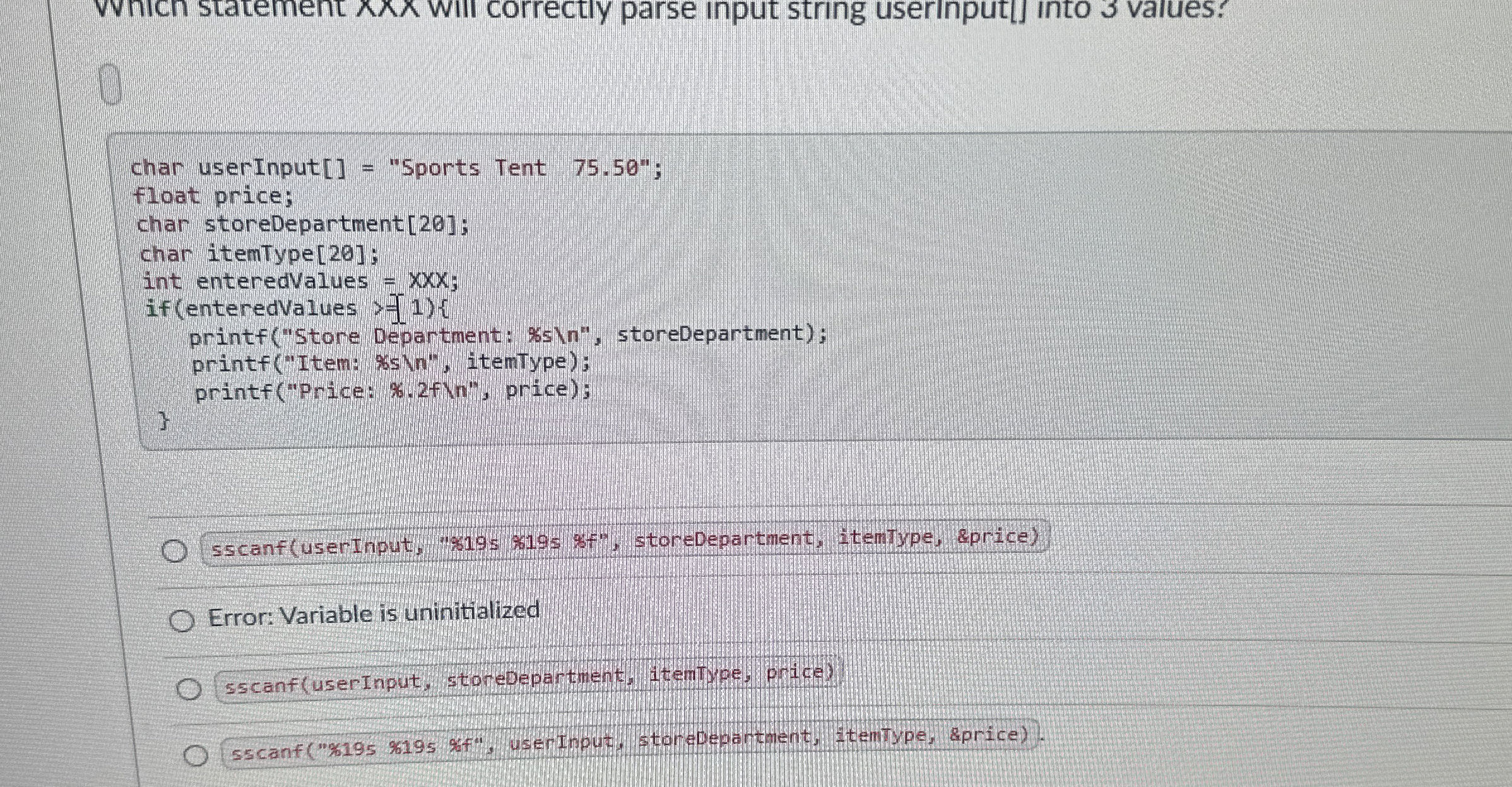 sscanf ( userInput , " $ 1 9 s $ 1 9 8 $sf " ,