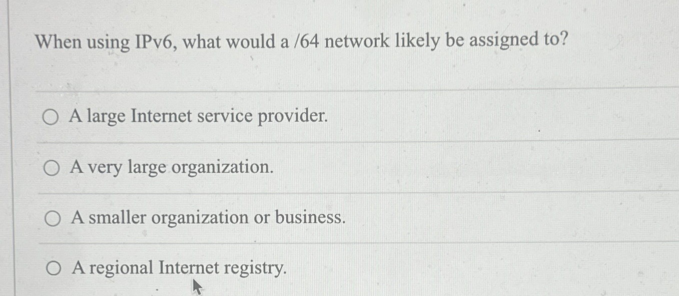 When using IPv 6 , what would a / 6 4 network