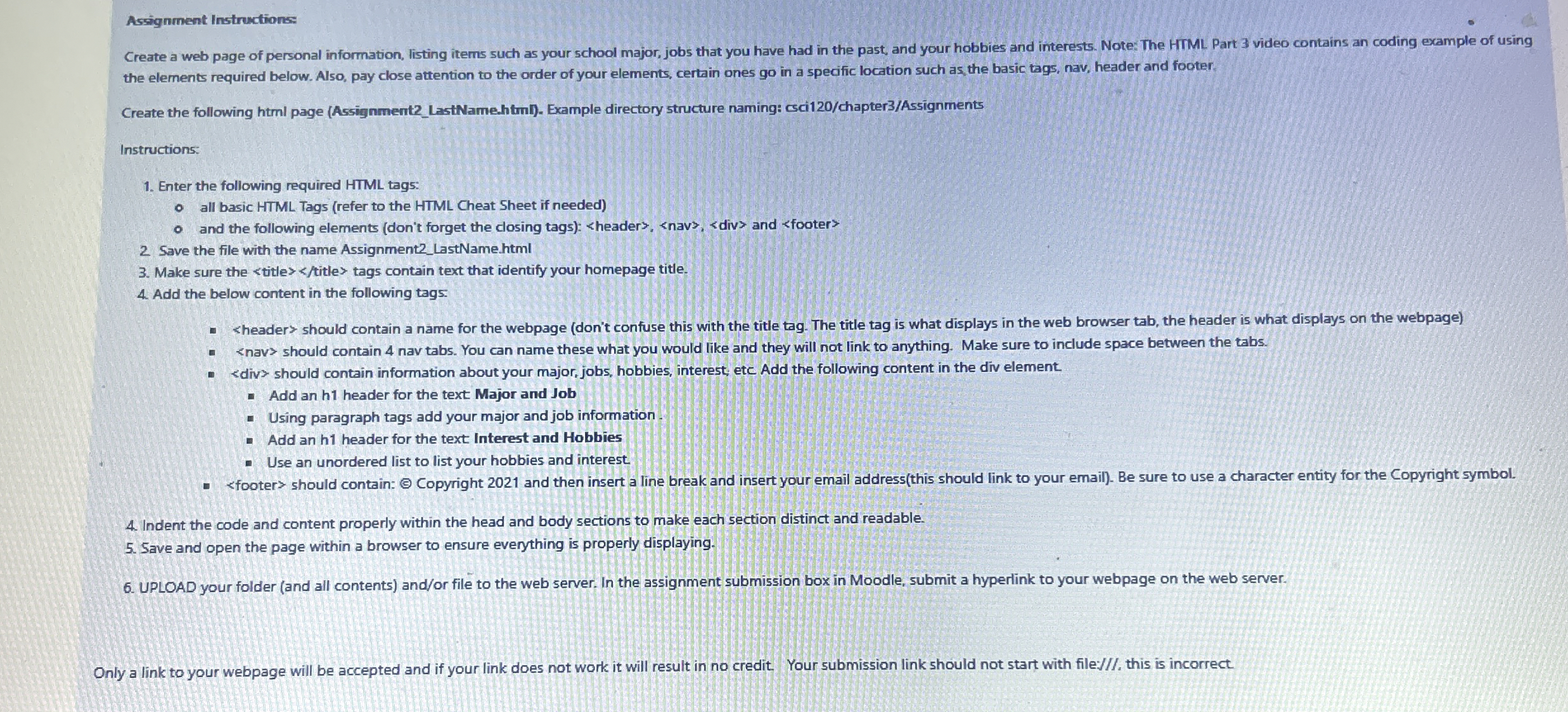 Assignment Instructions: the elements required