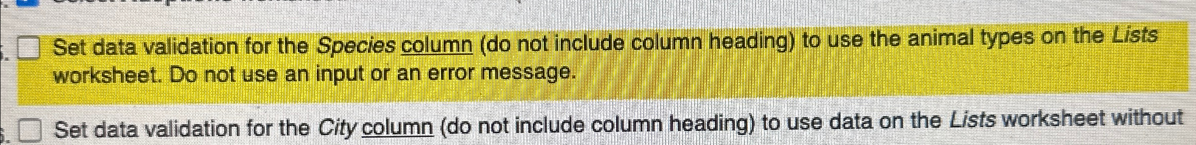 Set data validation for the Species column ( do