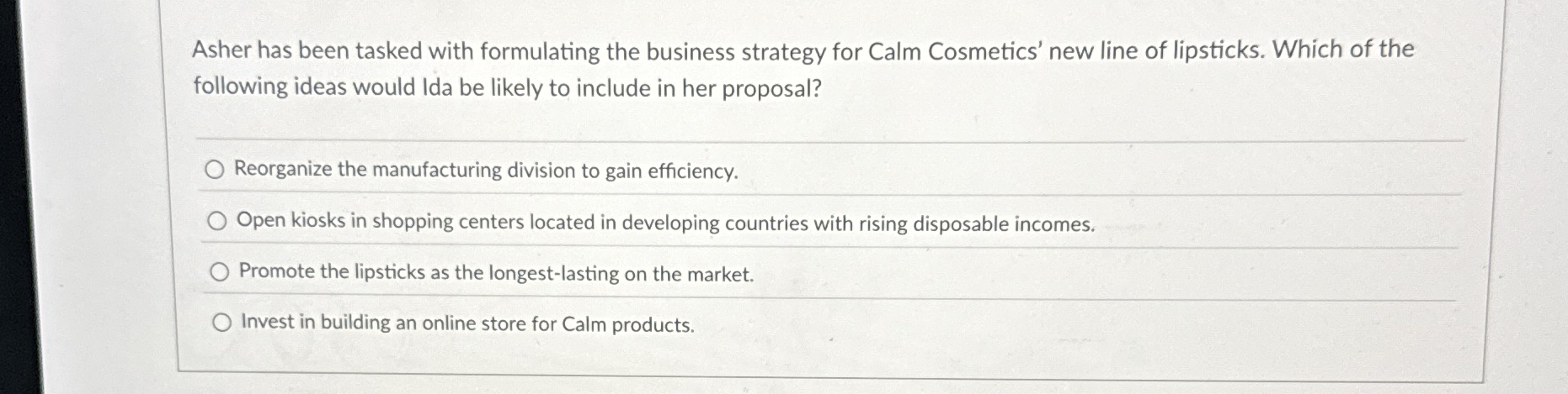 Asher has been tasked with formulating the