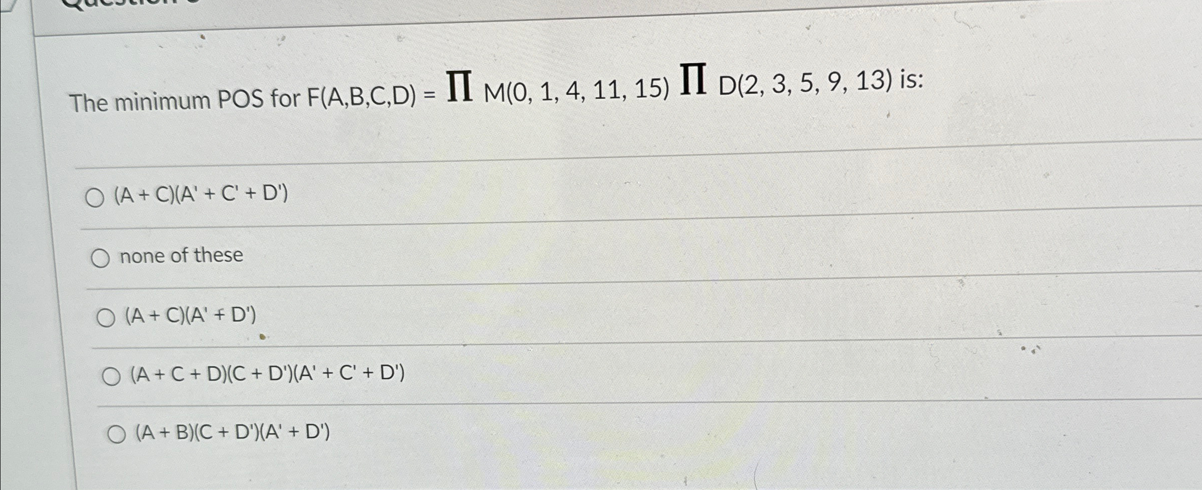 The minimum POS for F ( A , B , C , D ) = prodM (