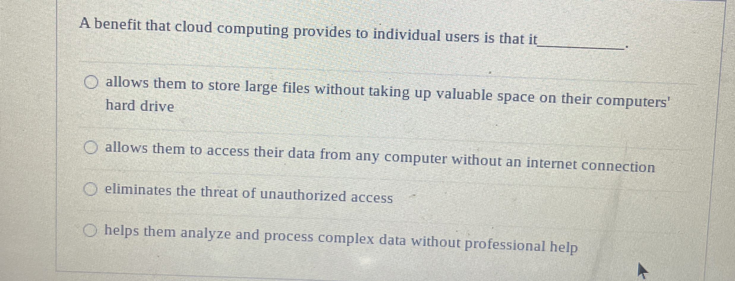 A benefit that cloud computing provides to