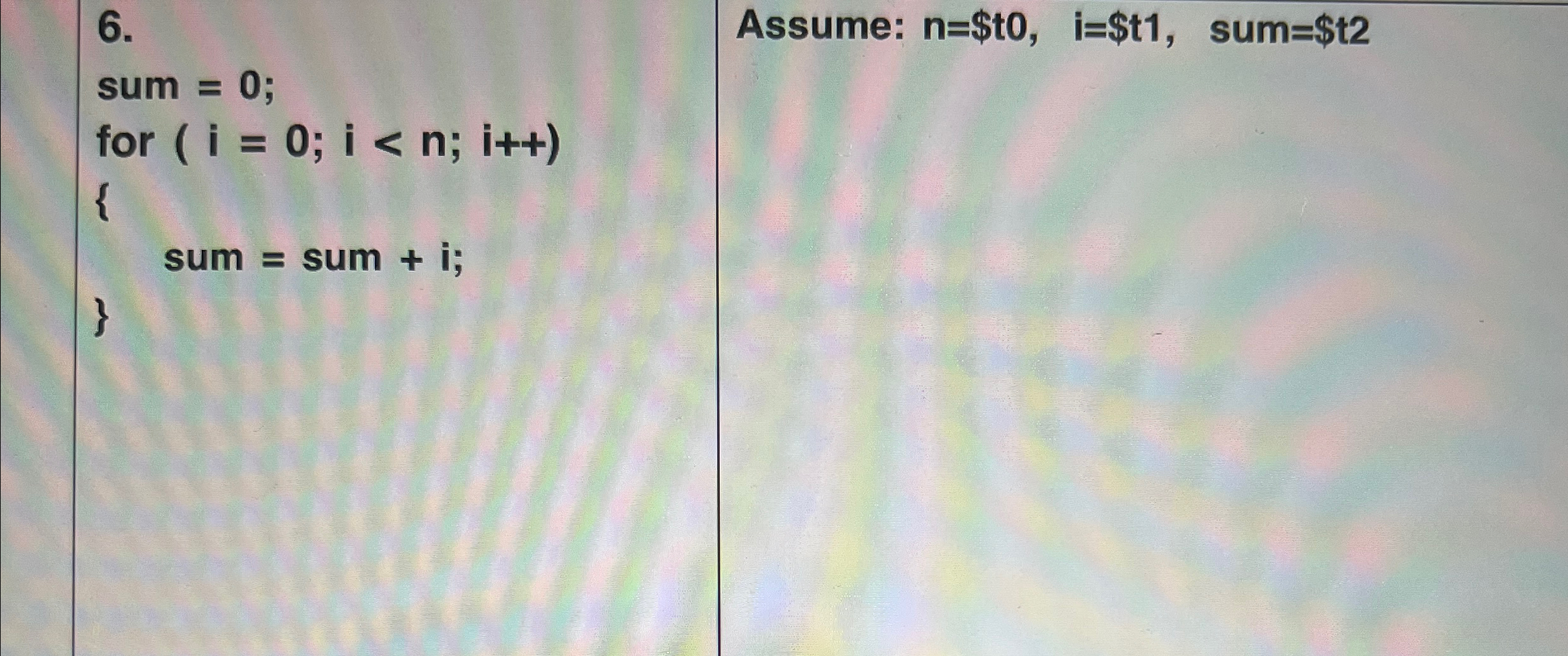 sum = 0 for ( n = $ t 0 , i = $ t 1 $ t 2 n = $ t