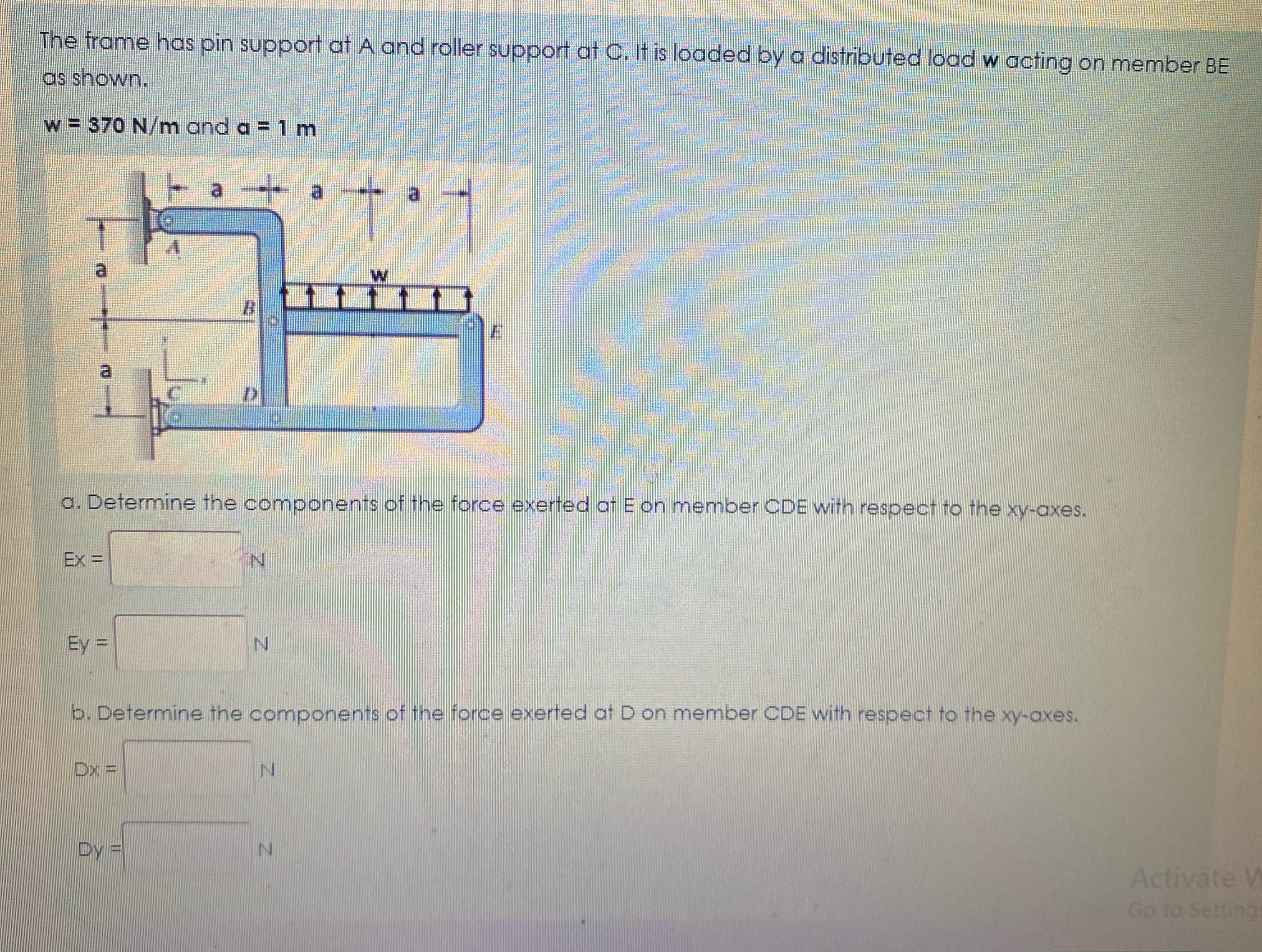 The frame has pin support at A and roller support