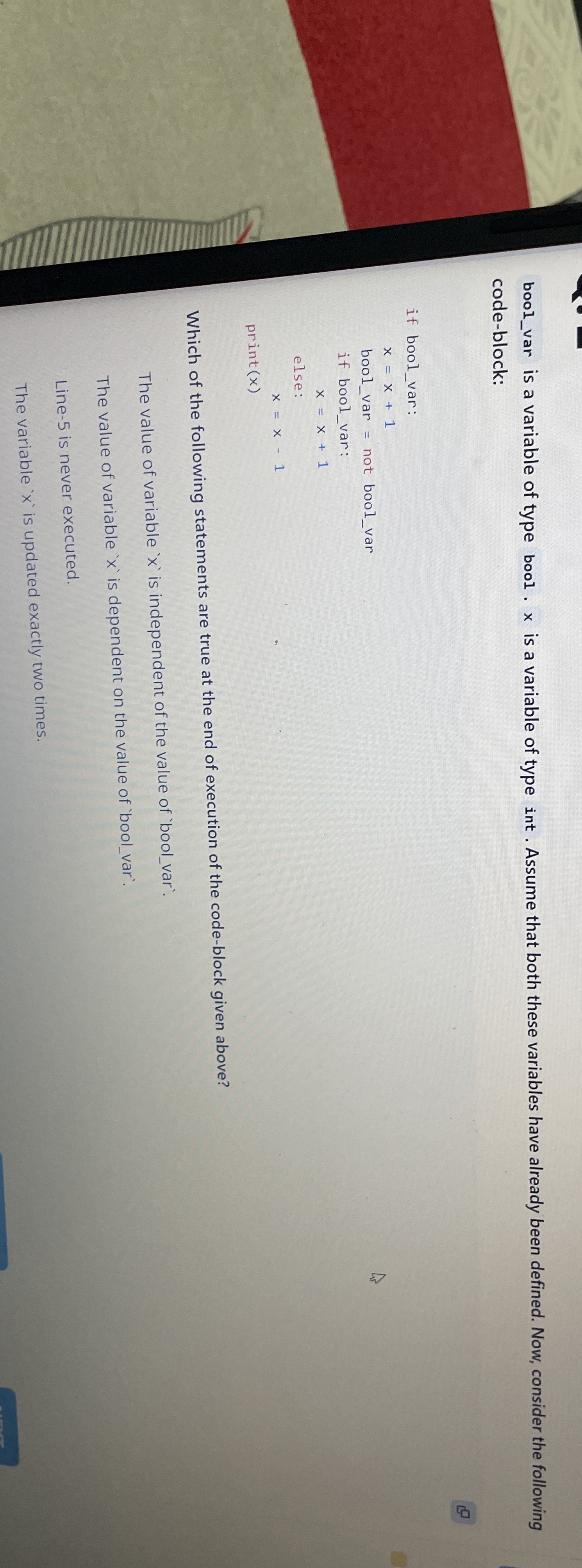 bool _ var is a variable of type bool . x is a