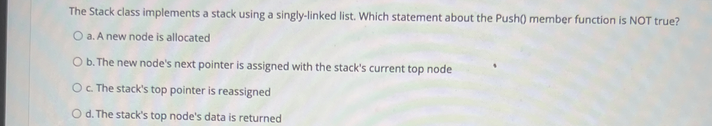 The Stack class implements a stack using a singly