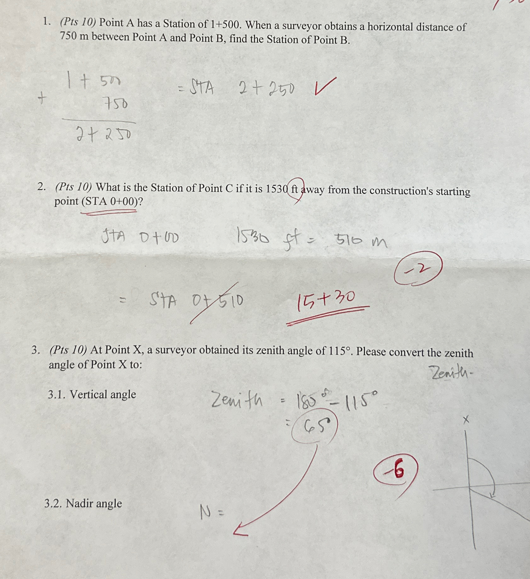 ( Pts 1 0 ) Point A has a Station of 1 + 5 0 0 .
