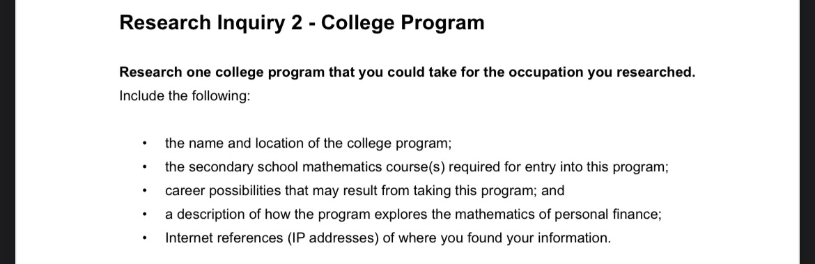 Research Inquiry 2 - College Program Research one