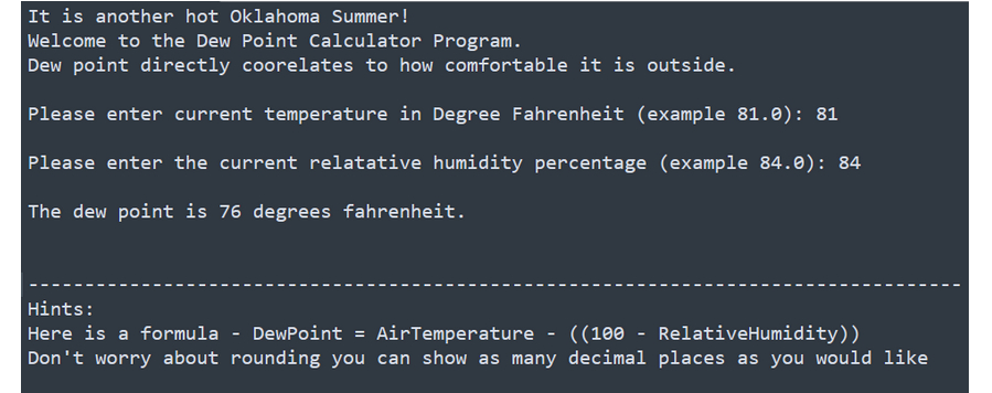 * * * * C Language Please * * * * Dew Point