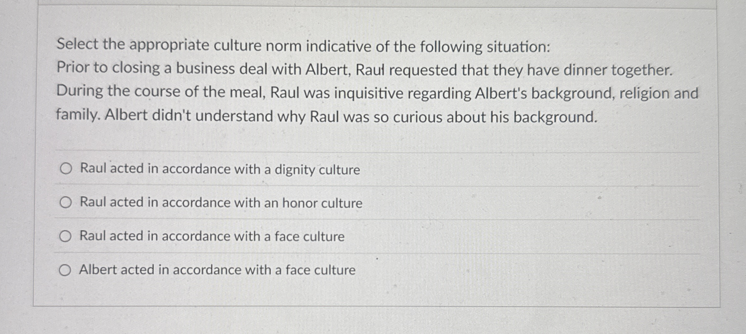Select the appropriate culture norm indicative of
