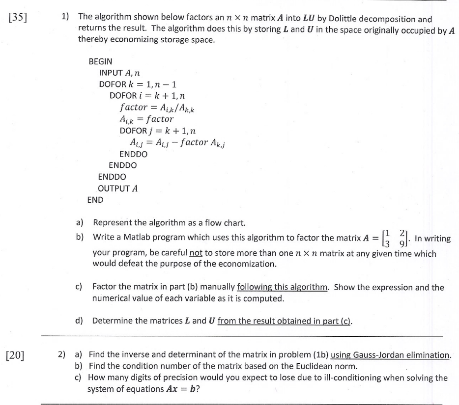 The algorithm shown below factors an n n matrix A