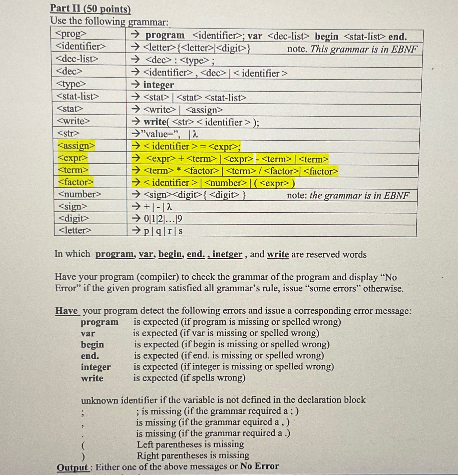 Part II ( 5 0 points ) Use the following grammar: