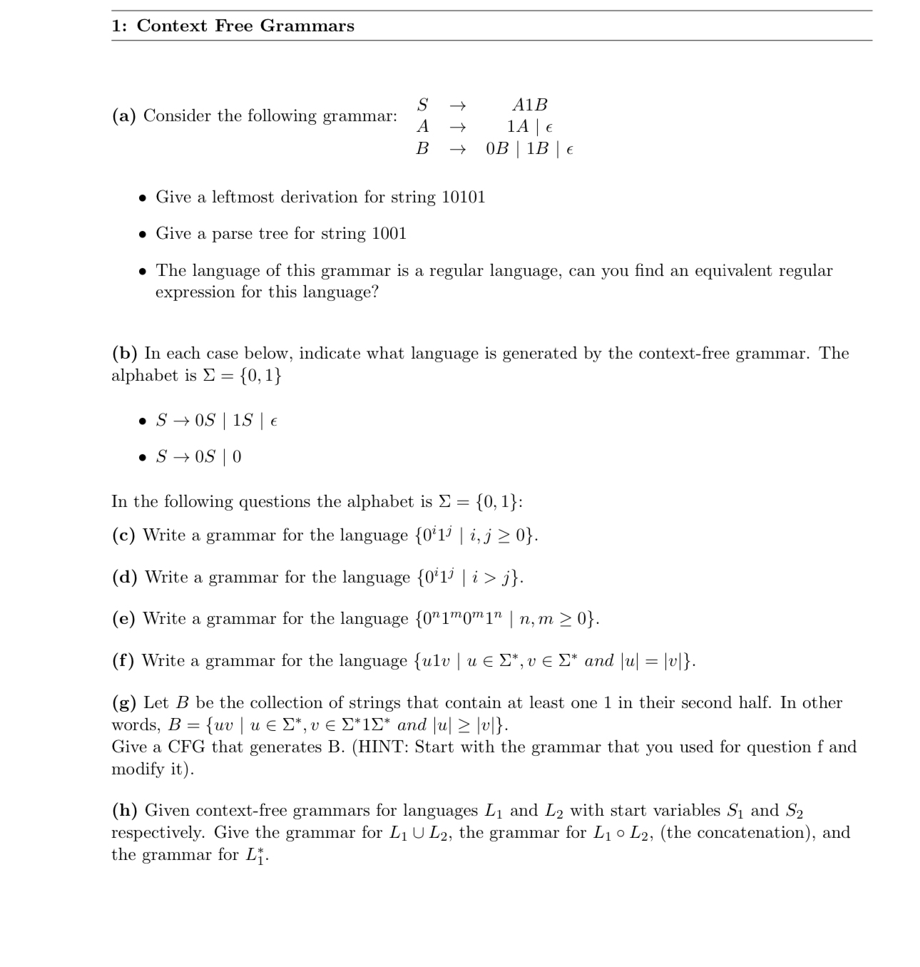 Context Free Grammars ] ) : } A , , 1 A | l o n |