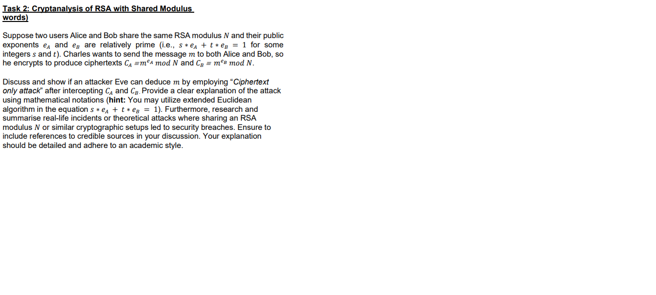 Task 2 : Cryptanalysis of RSA with Shared Modulus