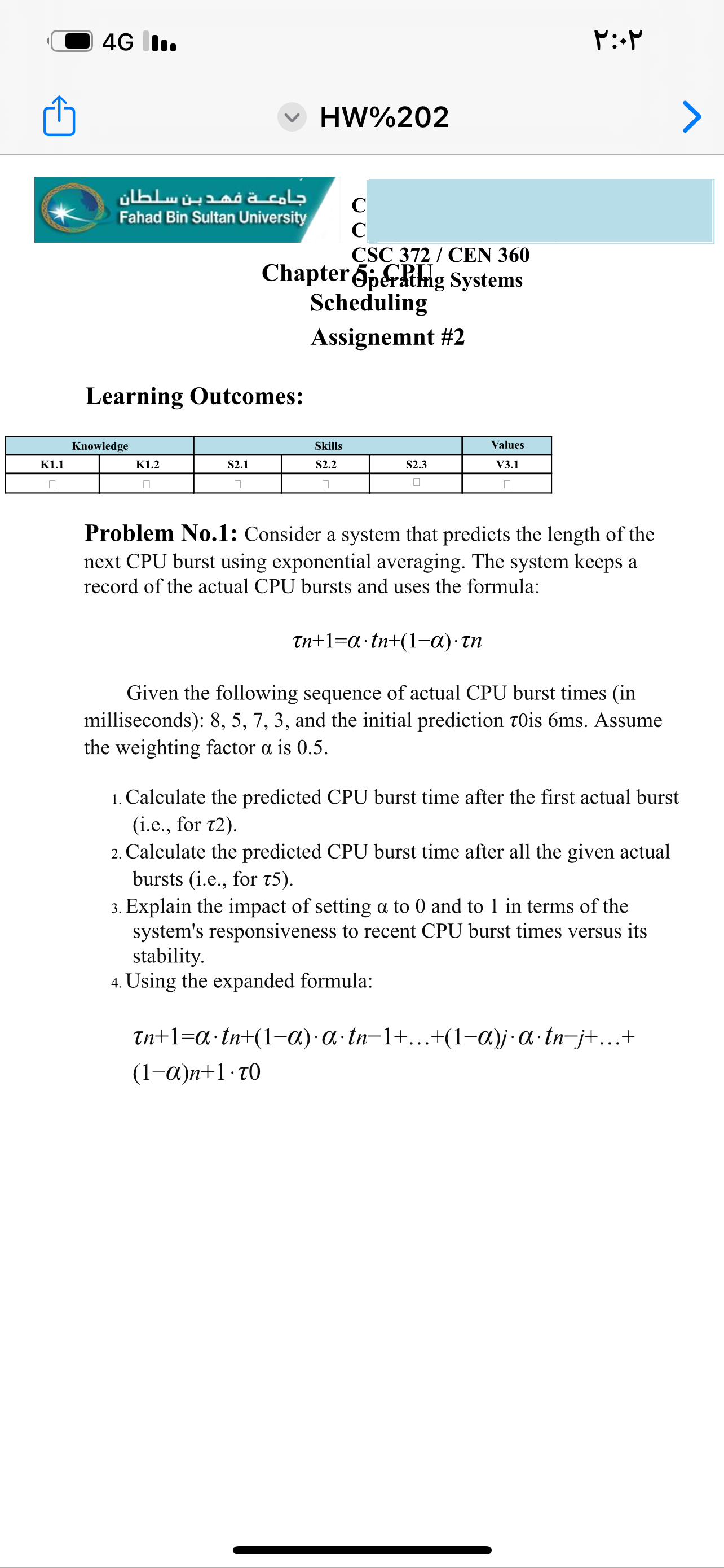 Learning Outcomes: Problem No . 1 : Consider a