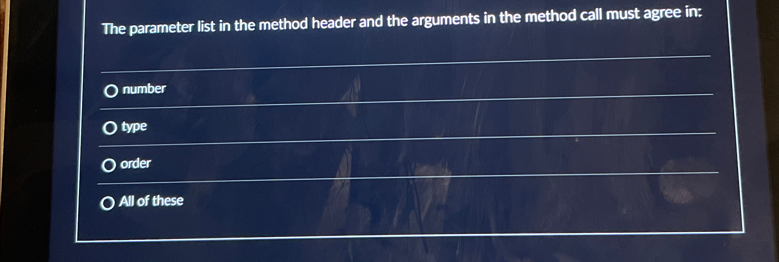 The parameter list in the method header and the