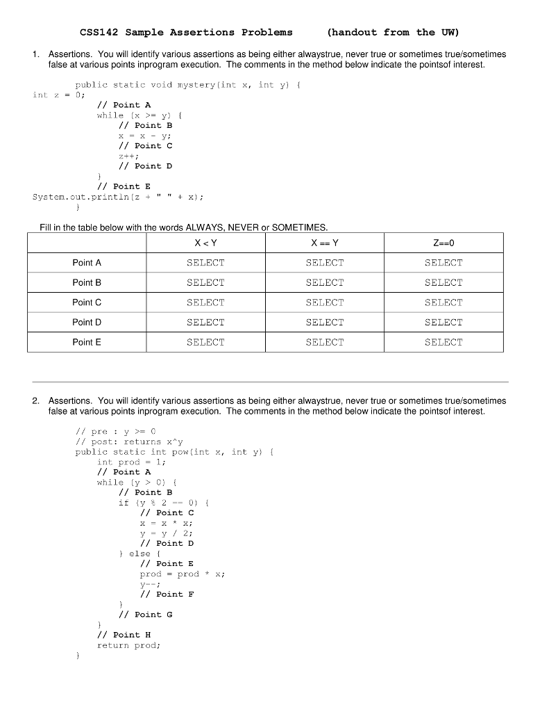 CSS142 Sample Assertions Problems (handout from