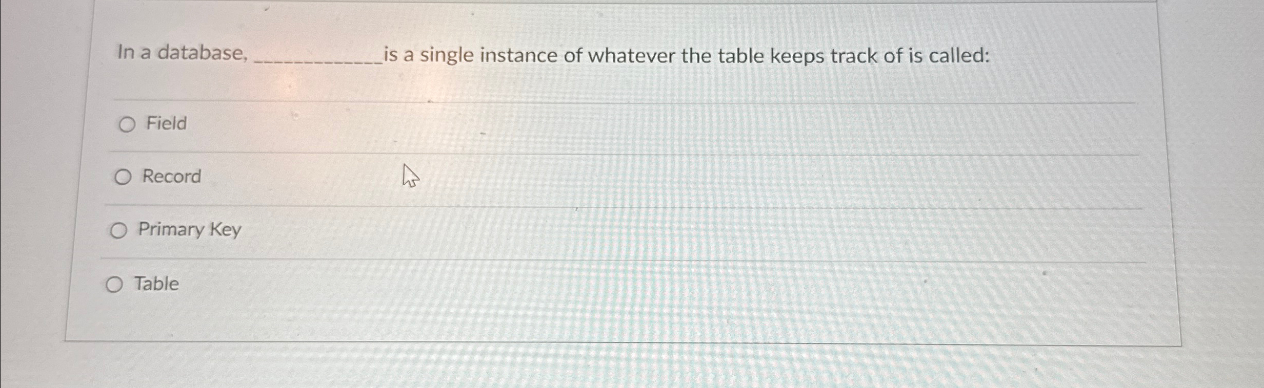 In a database, is a single instance of whatever