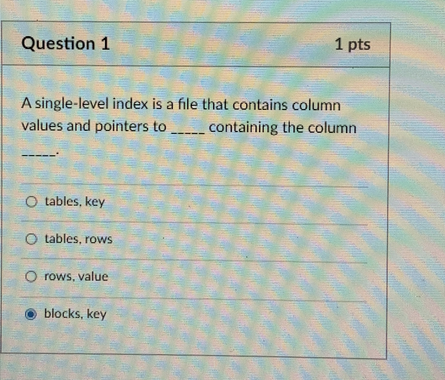 Question 1 1 pts A single - level index is a file