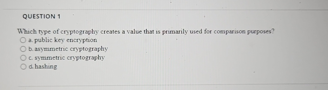 QUESTION 1 Which type of cryptography creates a